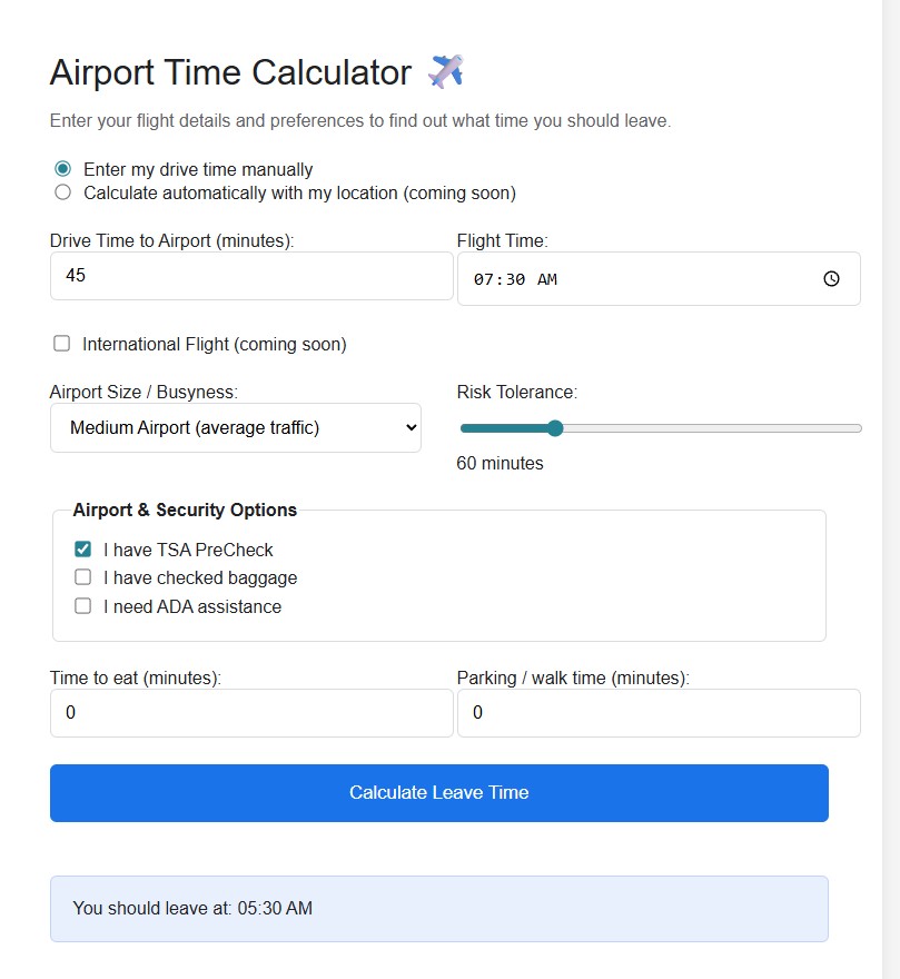 Airport Time Calculator interface showing a travel time form