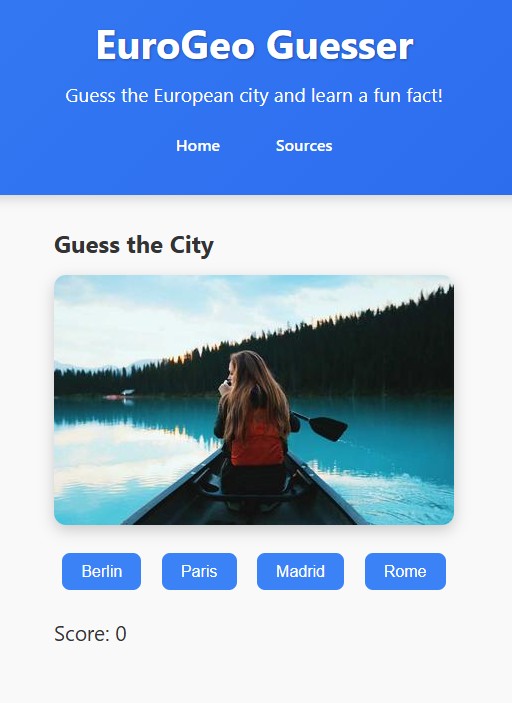 EuroGeo Guesser interface showing a landscape-based country guessing game